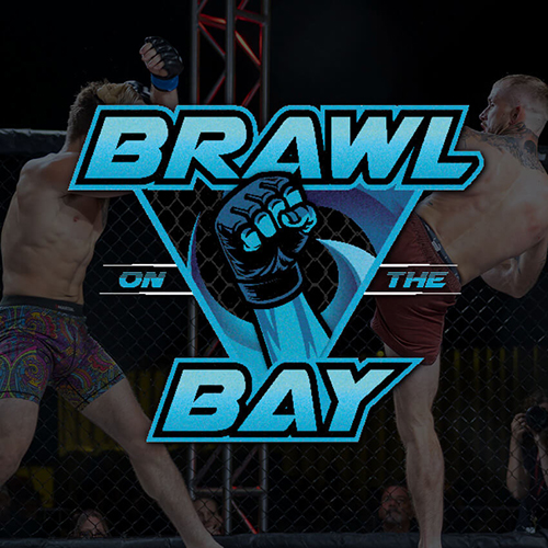 Brawl on the Bay MMA event logo featuring two fighters in a cage match, with a raised fist graphic between the text.