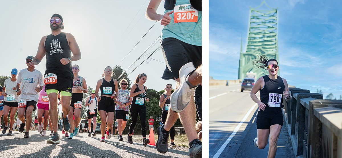 group running and individual woman running on the North Bend bridge