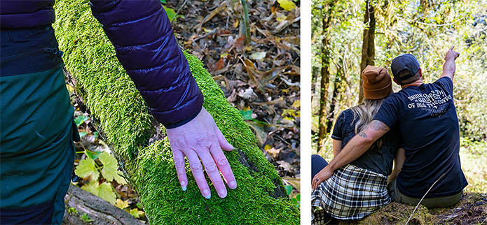 hand on mossy fallen tree and couple sitting on log in forest