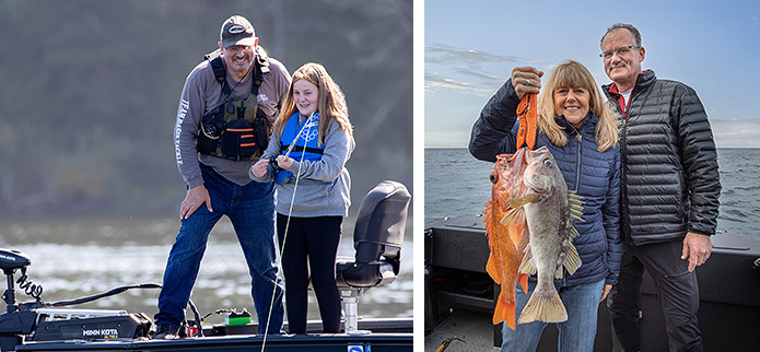 father and daughter lake fishing from a boat and couple holding fish from deep sea fishing