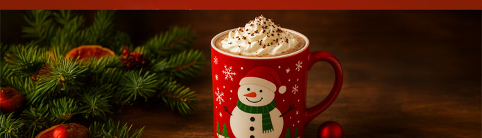 cup of hot cocoa on table with evergreen