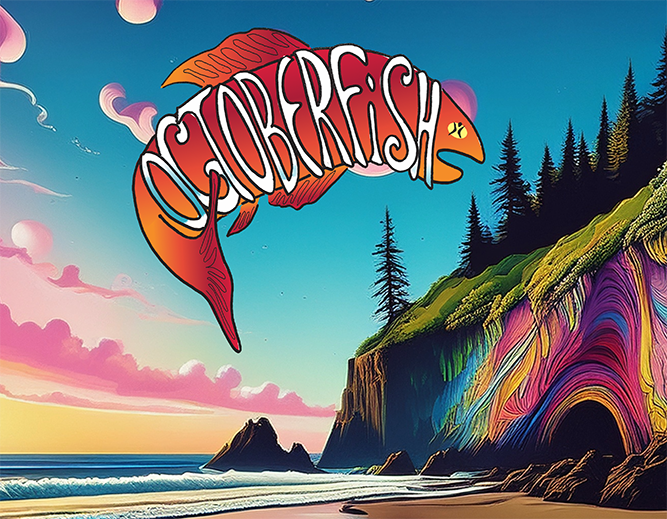 Octoberfish is the first Saturday in October each year. Orange graphic fish arching over a psychedelic cove and ocean.