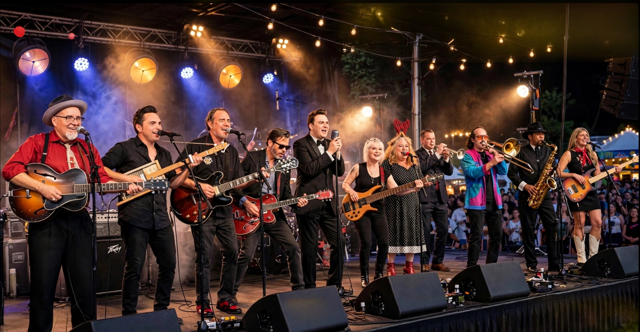 A multi-piece rockabilly-swing band performs on an outdoor stage at night, with singers, guitarists, a horn section, and a bassist in coordinated black and red stage outfits, backed by string lights and a crowd of festival-goers.