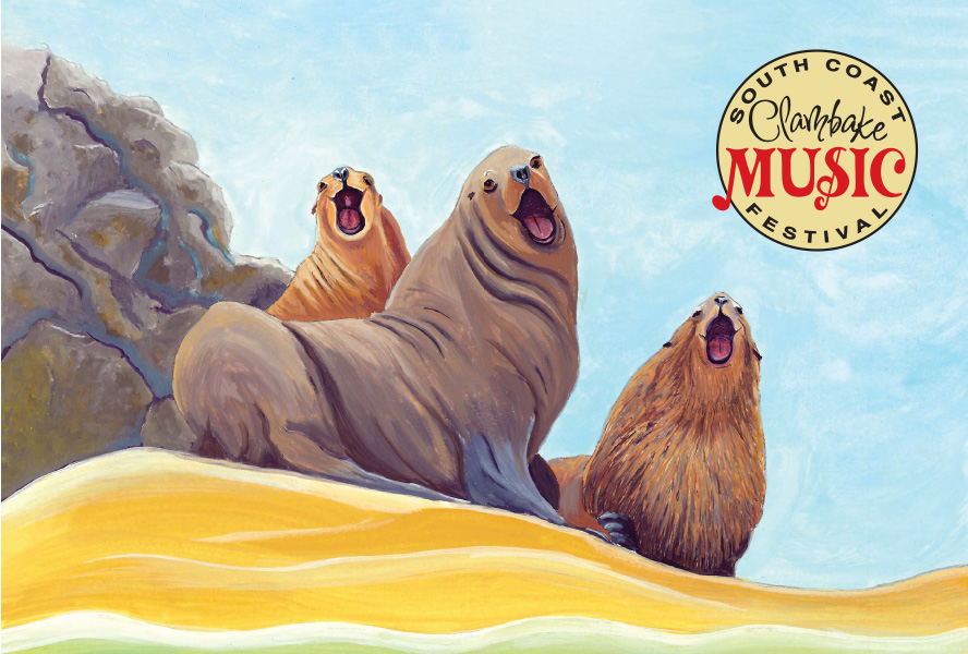 Artists drawing of three seals & sea lions on a soft sandy beach.